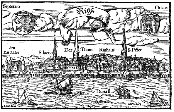 Вид на Ригу с левого берега Даугавы. Гравюра 1547 года