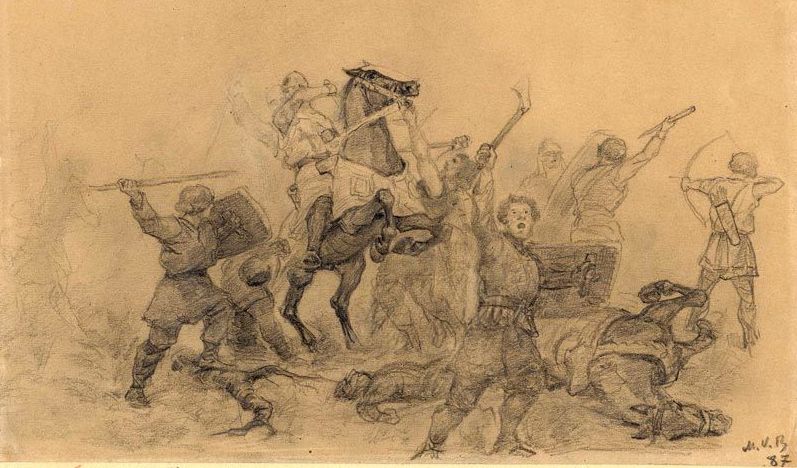 Латыши в битве с рыцарями на рисунке Адамса Алксниса 