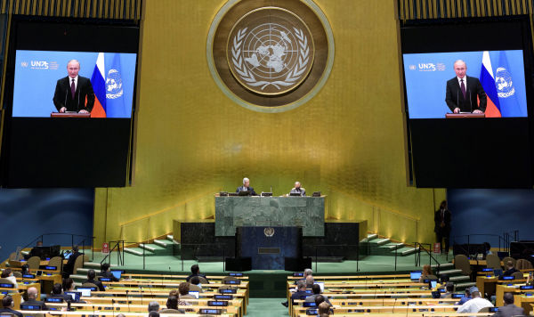 Президент РФ Владимир Путин во время выступления с видеообращением на 75-й сессии Генеральной ассамблеи ООН, 22 сентября 2020
