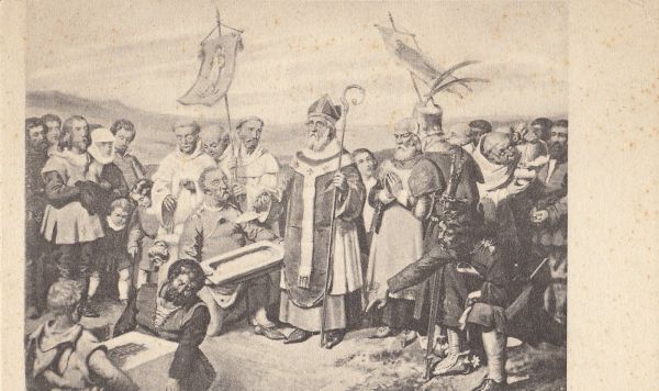 Открытка "Шествие и освящение первого камня в честь основания города Риги в 1200 году под руководством епископа Альберта"