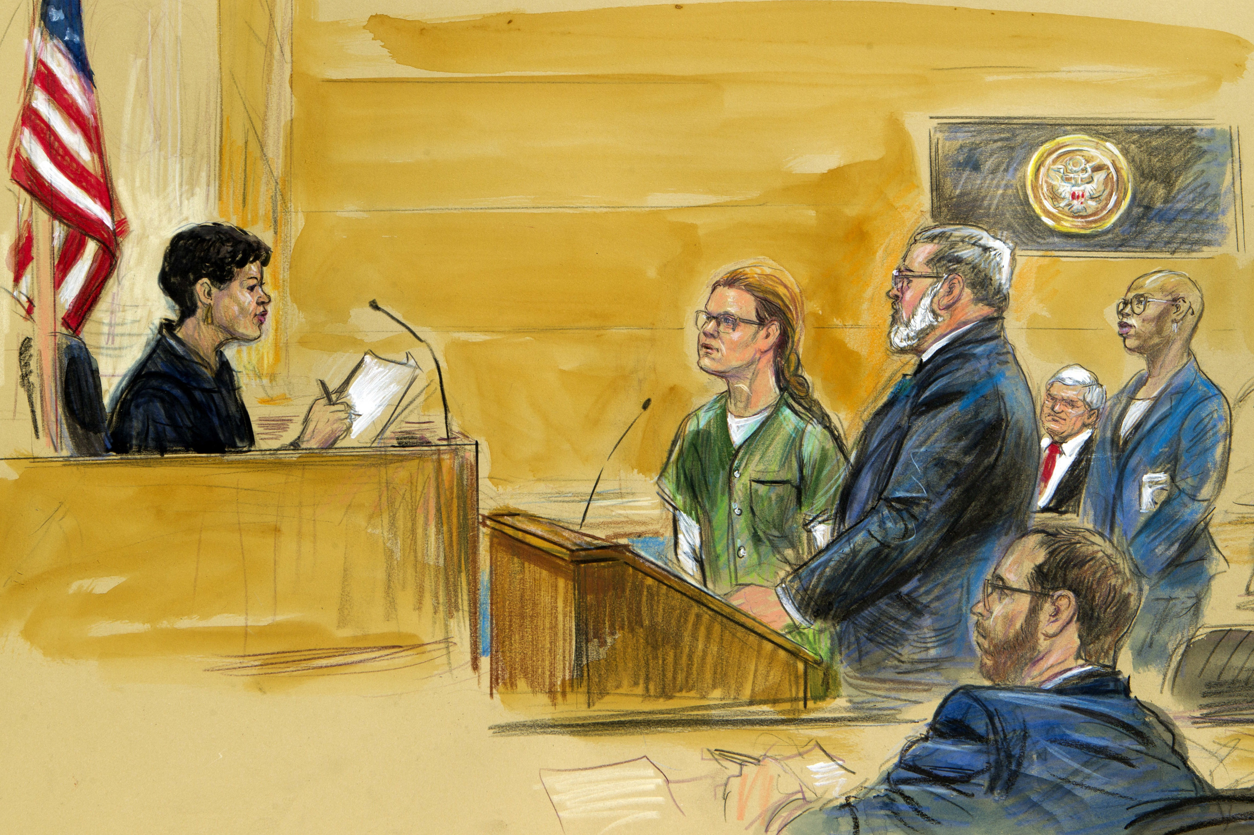 Мария Бутина (слева) со своим адвокатом Робертом Дрисколлом перед окружным судьей США Таней Чуткан во время судебного слушания в окружном суде США в Вашингтоне, 13 декабря 2018 года