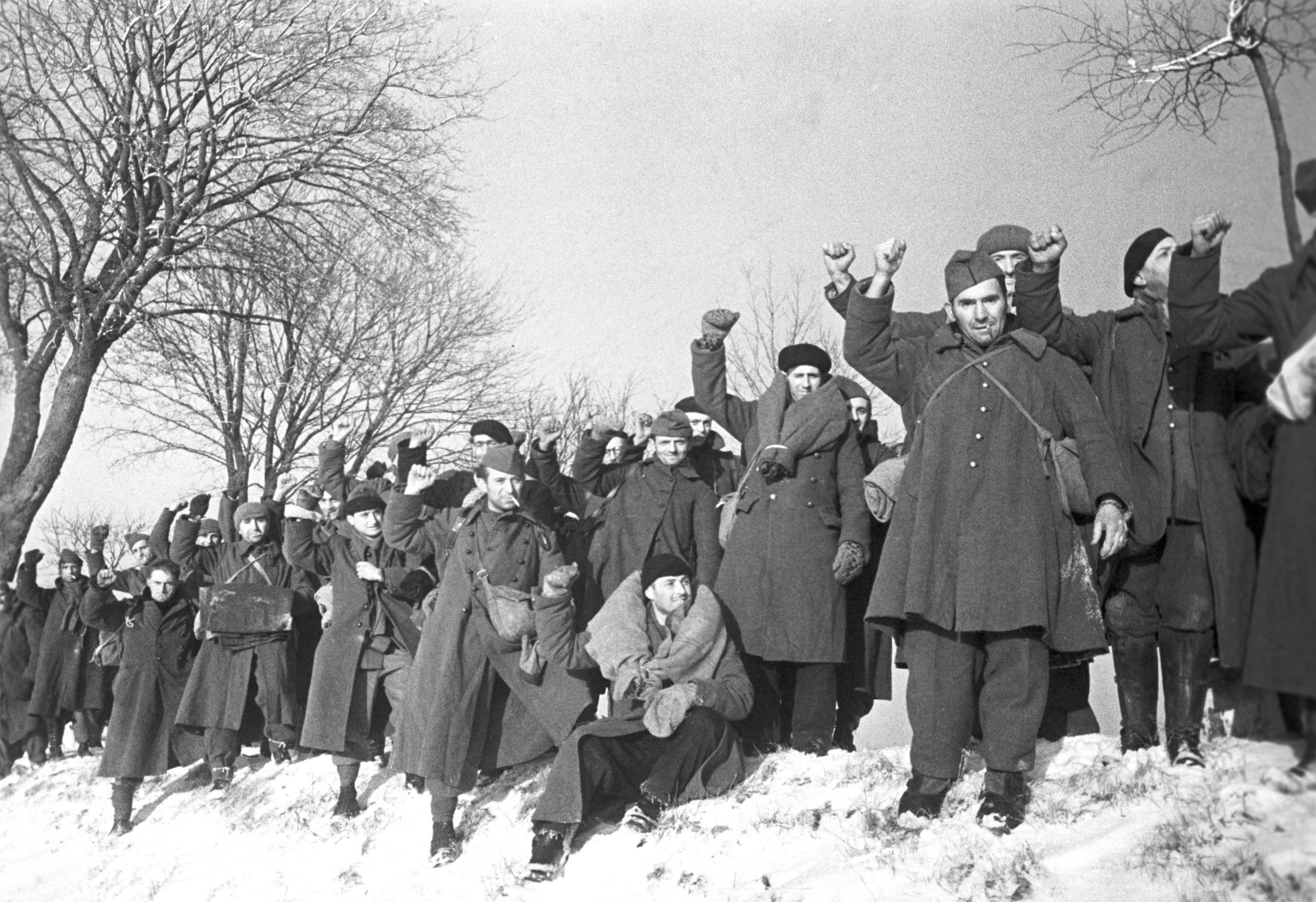 2-й Белорусский фронт. Французские пленные, освобожденные советской армией из немецкого плена, приветствуют советские войска. Восточная Пруссия, 1945 год.