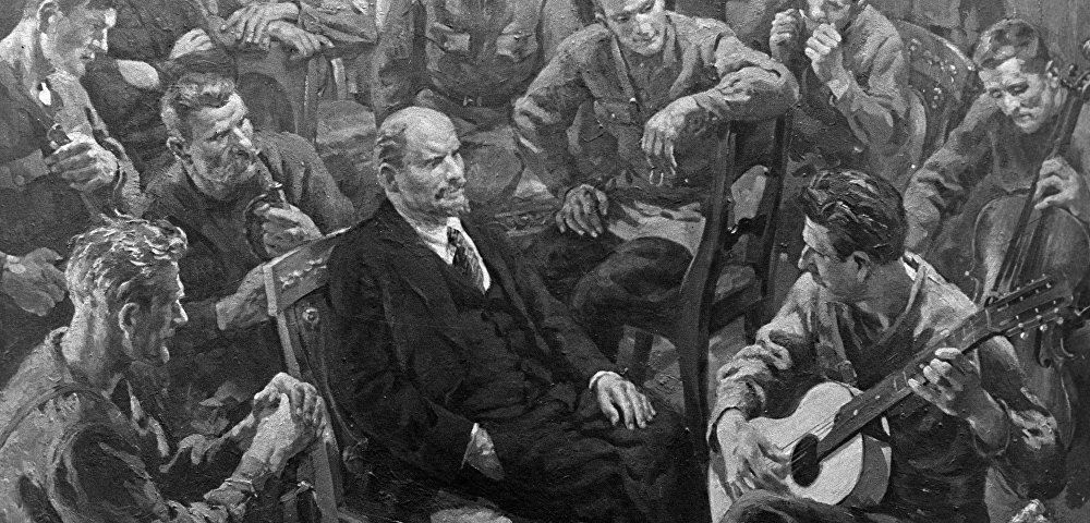 Репродукция картины Отто Скулме "В.И.Ленин с латышскими стрелками в Кремле 1 мая 1918 года". Холст, масло. 1957 год.
