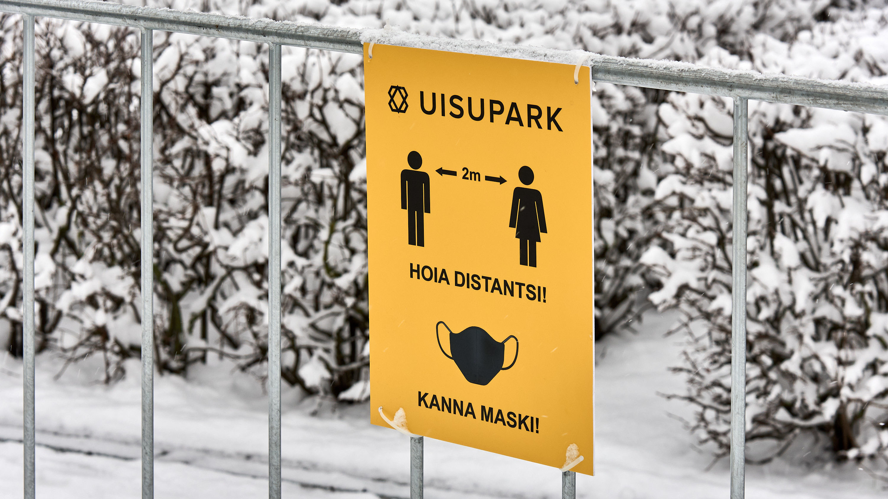 Зимний Таллин. Плакат с требованием соблюдать дистанцию и носить маски